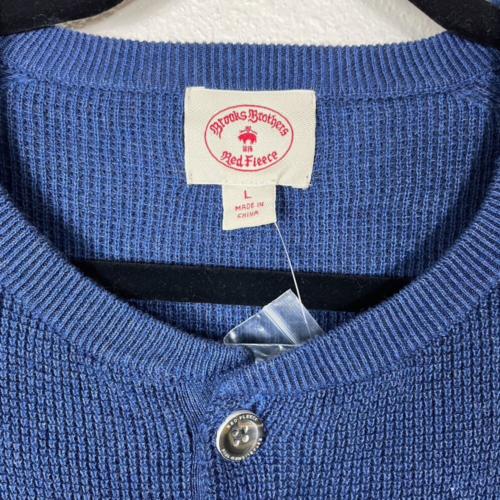 Brooks Brothers Sweater Red Fleece Men Blue Henley Neck Knit Casual Size Large - Picture 2 of 6